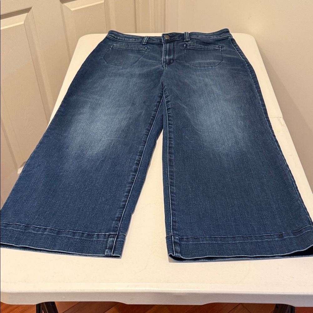 Cropped Wide Leg Waist Defining Dark Blue 1970s Fun Sailor Patch Pocket Jean 14 - Picture 4 of 13